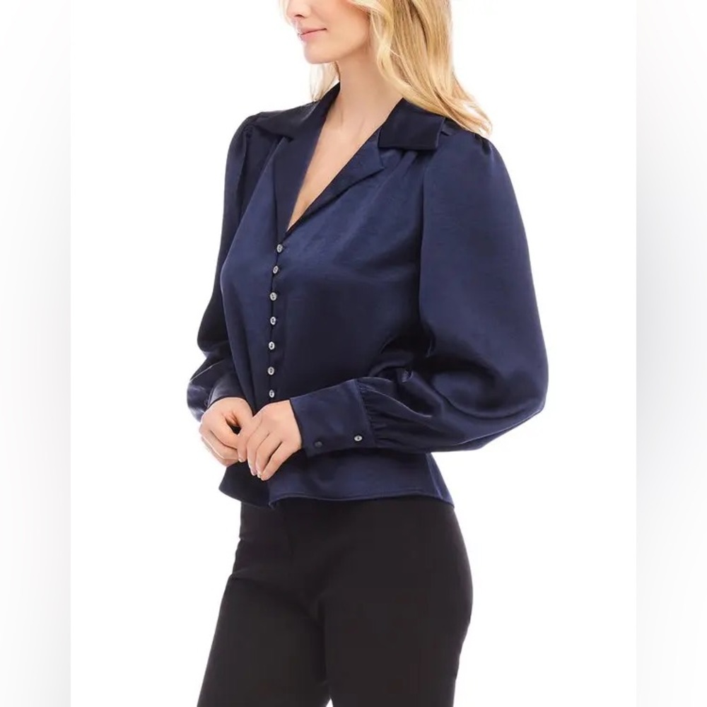 NWT Karen Kane Women’s Satin Button-Up Shirt Elegant Navy Blue Top - Picture 3 of 3